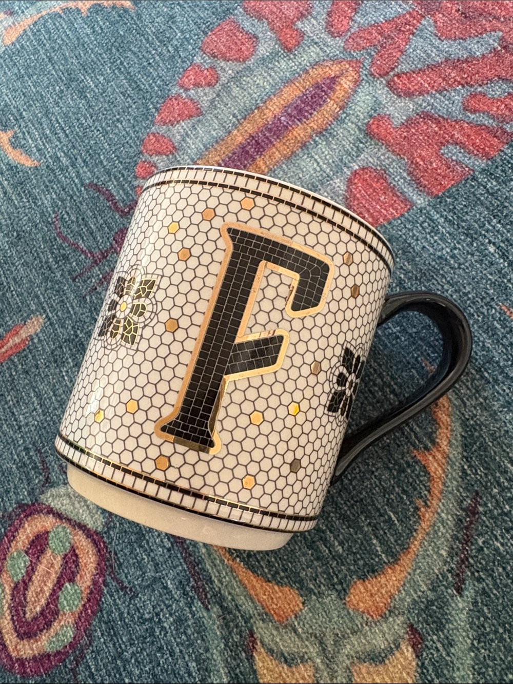 Nwot Anthropologie Monogram F Ceramic Coffee Mug in Black and Gold